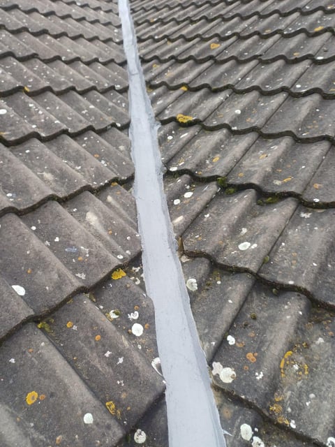 Close-up of gray roof tiles with moss and debris, separated by a white gutter or flashing